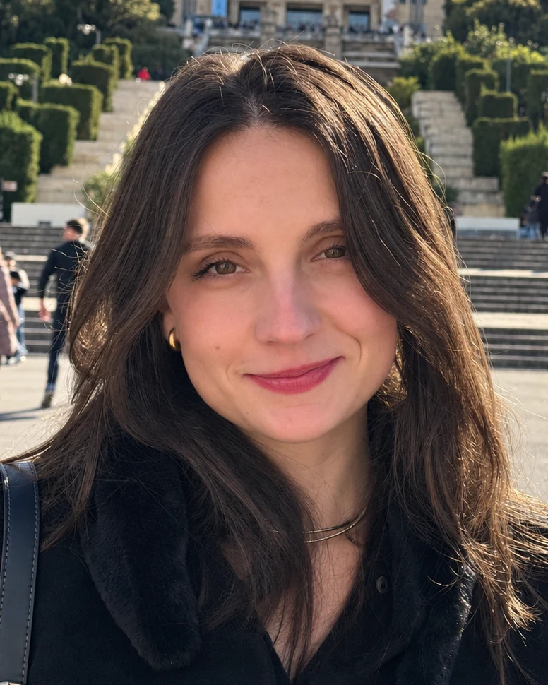 Portrait of Olga Malyuk, smiling, outdoors on a sunny day.