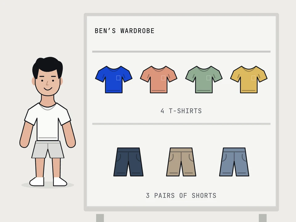 Still from the animation: Ben in a plain white T-shirt beside his wardrobe, which holds 4 T-shirts in blue, terracotta, green and gold, and 3 pairs of shorts.